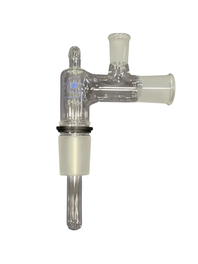 90° Adapter Vertical Secondary Cold Finger Condenser, 45/50 Rodaviss Lower Inner, 34/45 Side Outer, 24/40 Upper Outer with GL-18 Threaded Removable Barb Hose Connections